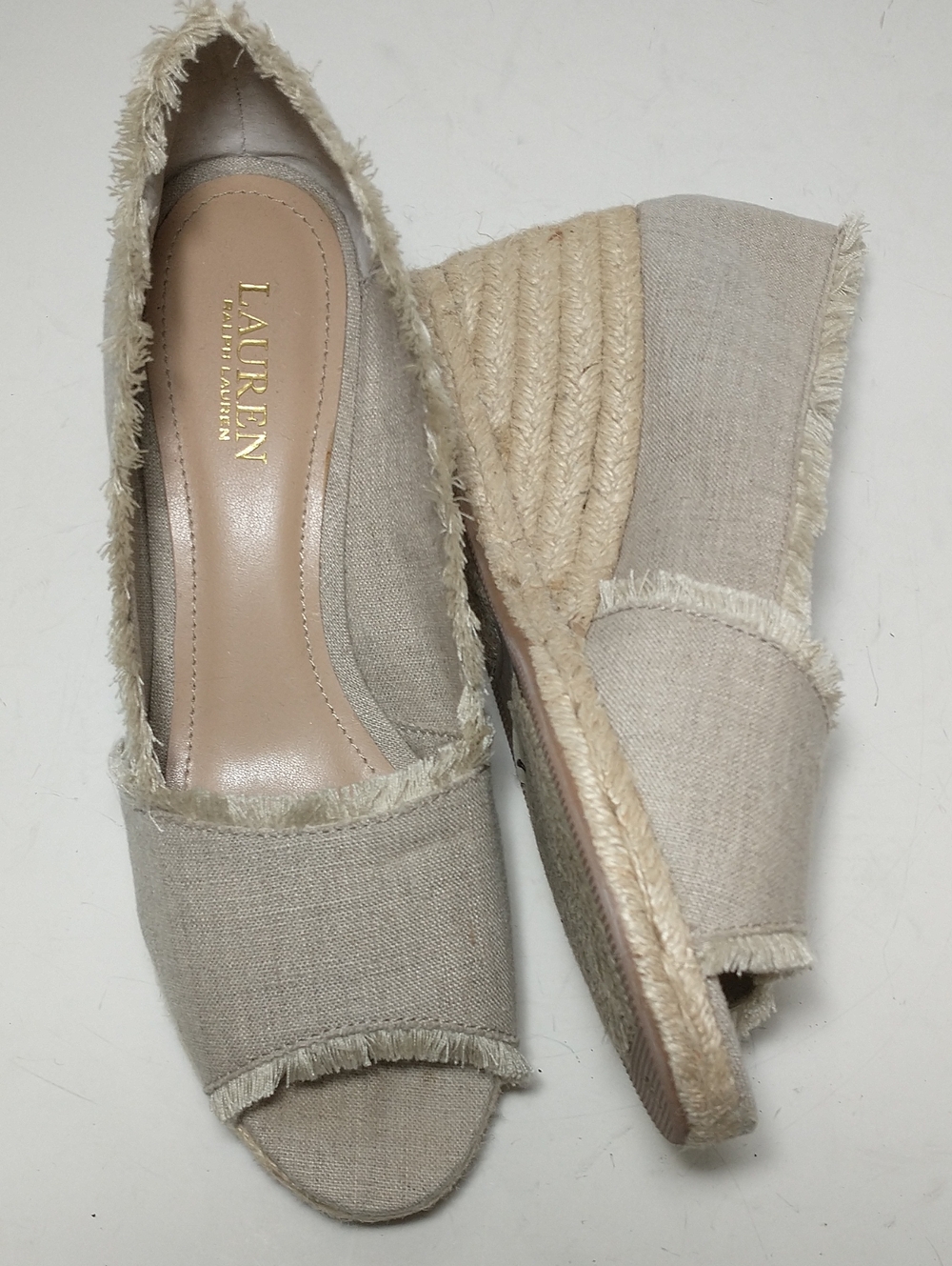 Lauren Ralph Lauren Wedge Espadrille Sandal, 100% Linen, Size 9.5, Tan, Wedding